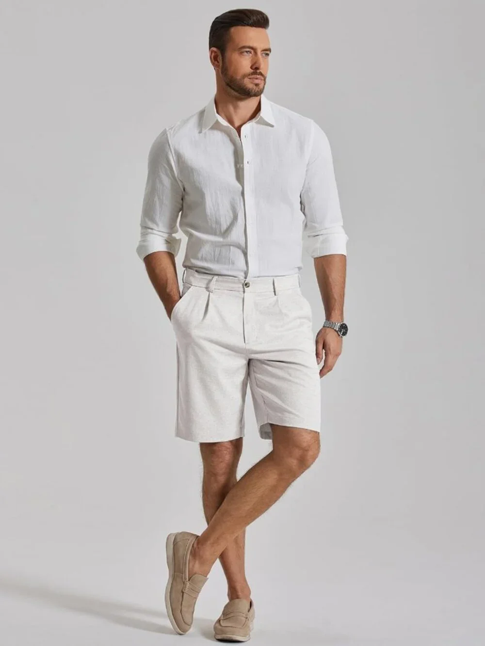 Stylish Men's Casual Pleated Linen Dress Shorts - 9
